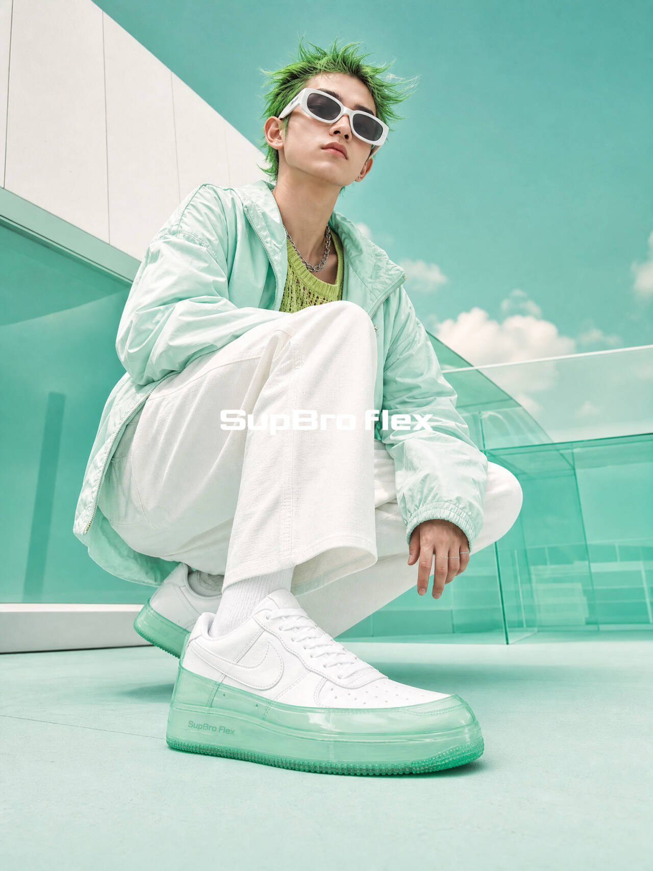 SUPBRO FLEX mint campaign in futuristic architecture